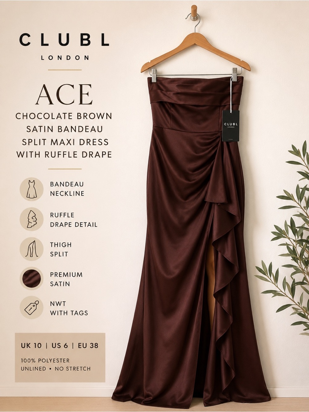Club L London Ace Chocolate Brown Satin Bandeau Split Maxi Dress US 6